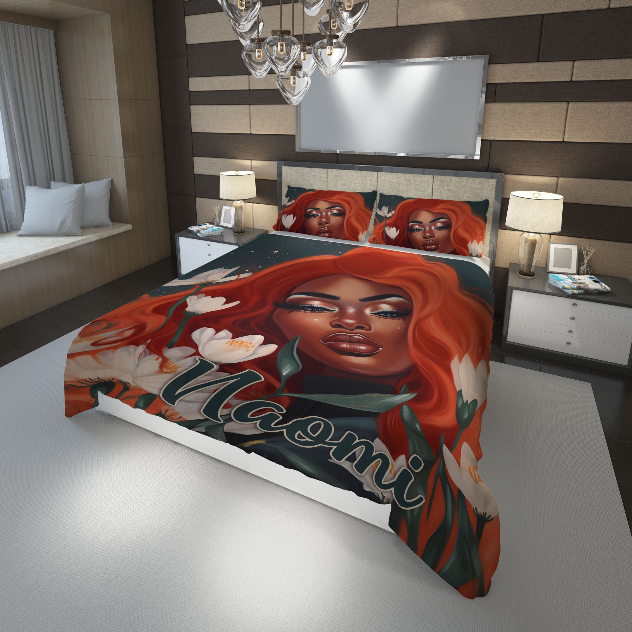 Personalized White Flowers Redhead Black Girl Duvet Cover Bedding Set