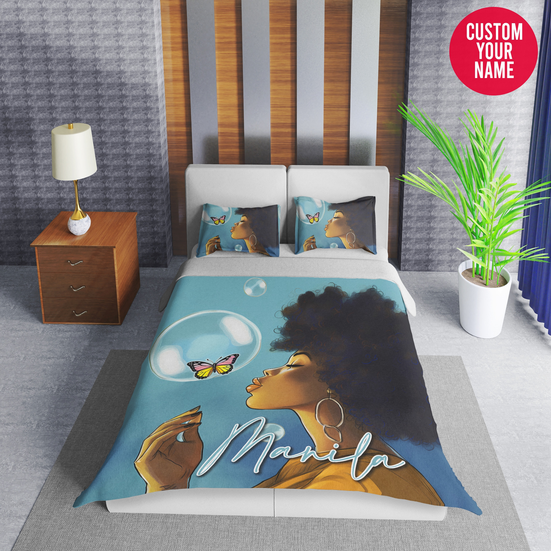 Personalized Black Girl Bubble Butterfly Duvet Cover Bedding Set