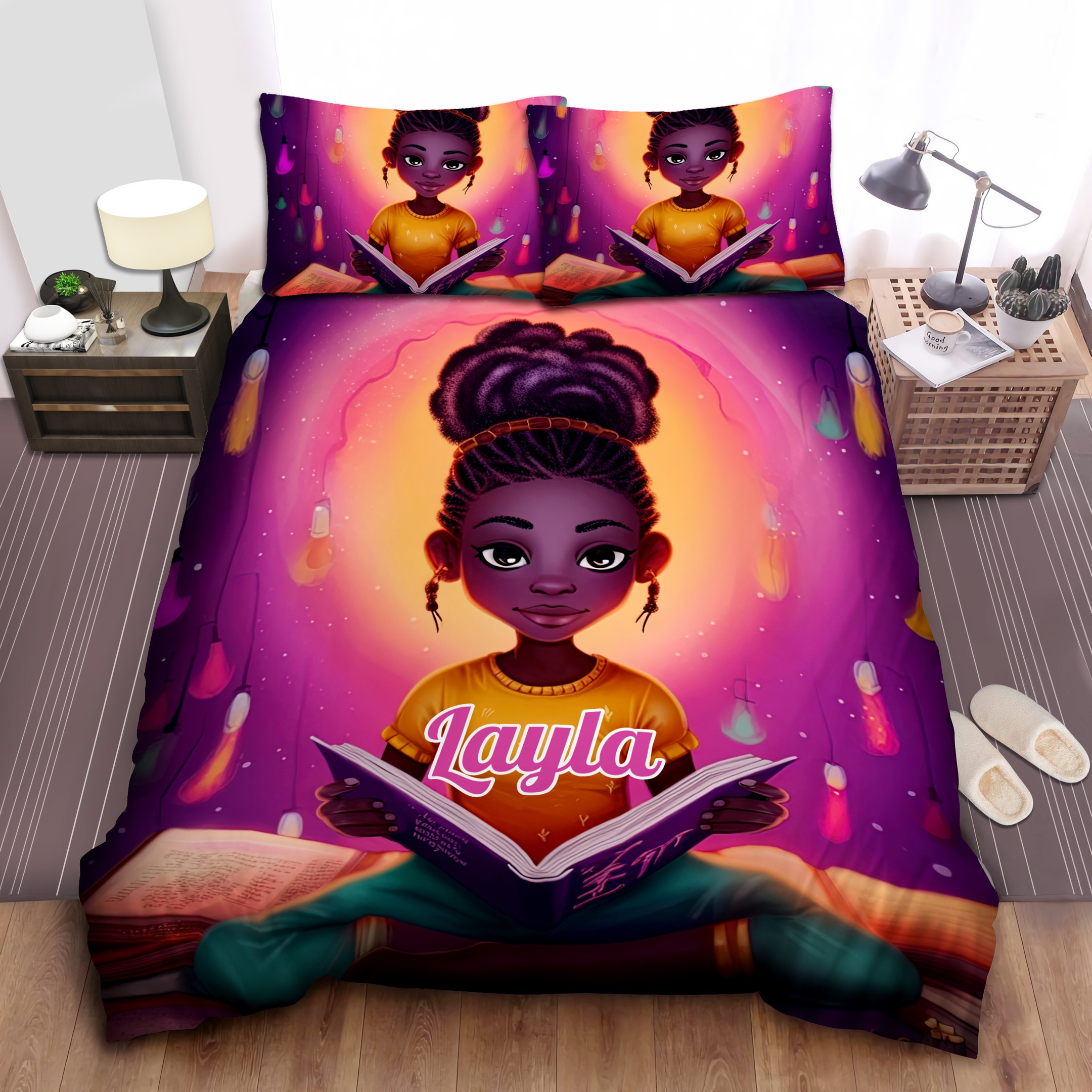 Personalized Little Melanin Queen Black Girl Magic Cool Girl Reading Book Duvet Cover Bedding Set