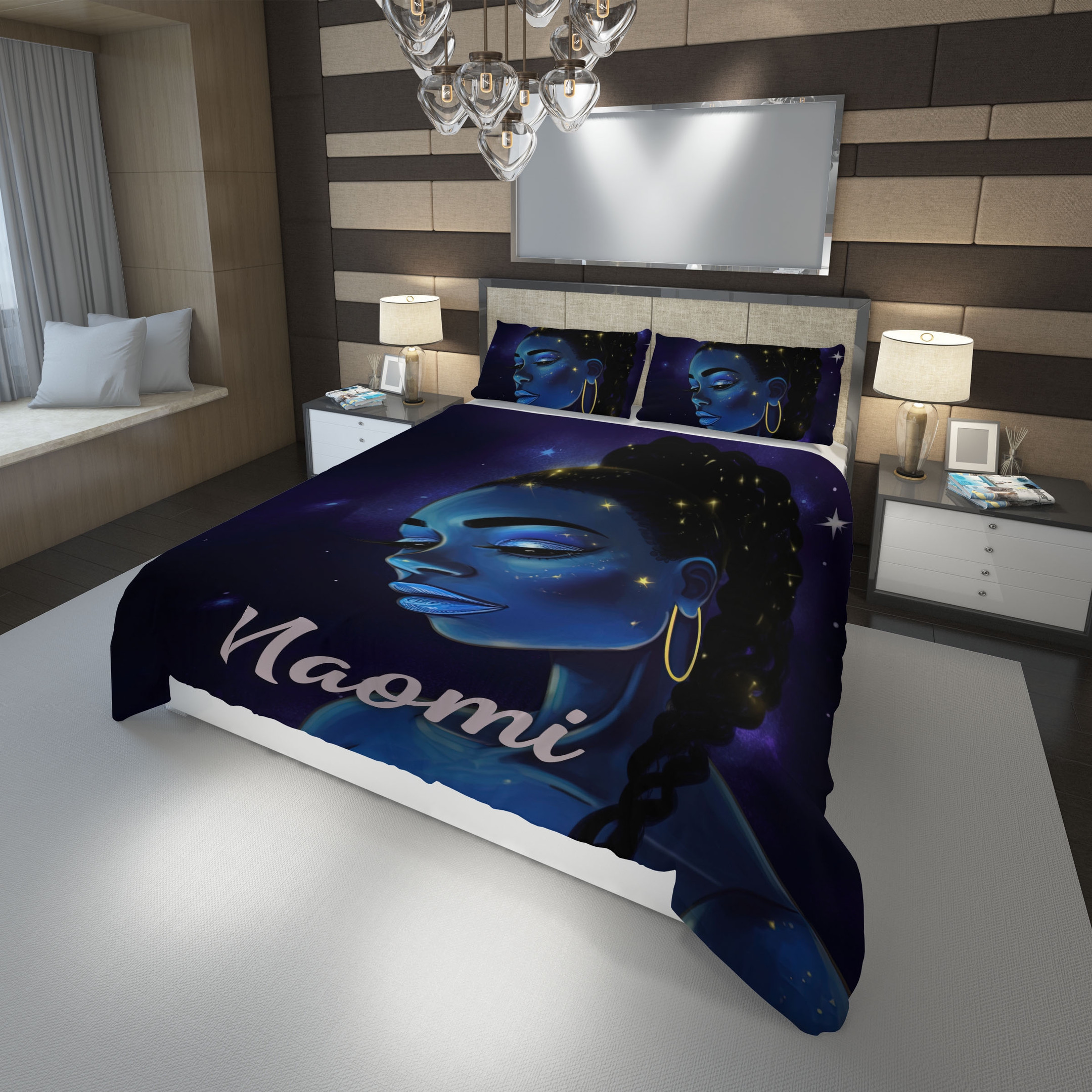 Personalized Galaxy Blue Light Black Girl Duvet Cover Bedding Set