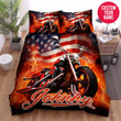 Personalized American Flag And Motorcycle Custom Name Duvet Cover Bedding Set