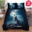 Personalized Wolf Howling Moonlight Background Custom Name Duvet Cover Bedding Set