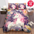 Personalized Beautiful Unicorn With Flowers Custom Name Duvet Cover Bedding Set