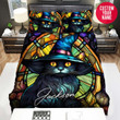 Personalized Halloween Black Cat Stained Glass Custom Name Duvet Cover Bedding Set