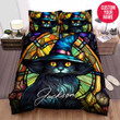 Personalized Halloween Black Cat Stained Glass Custom Name Duvet Cover Bedding Set