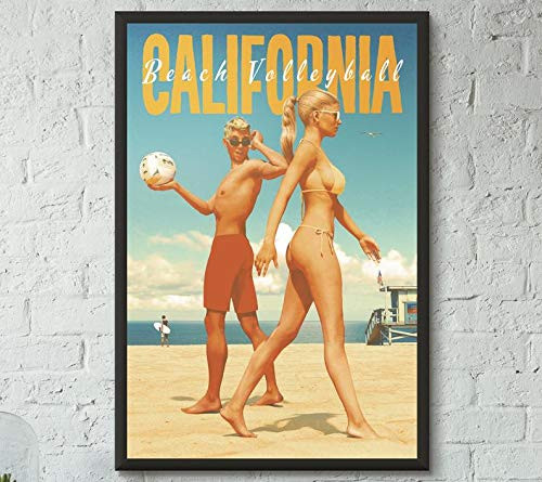 Sunny California Vintage Beach Volleyball Retro Poster, Retro California Poster, Beach Volleyball Poster, Wall Art Home Cafe Decor No Framed Canvas Gifts for Birthday, Halloween, Xmas