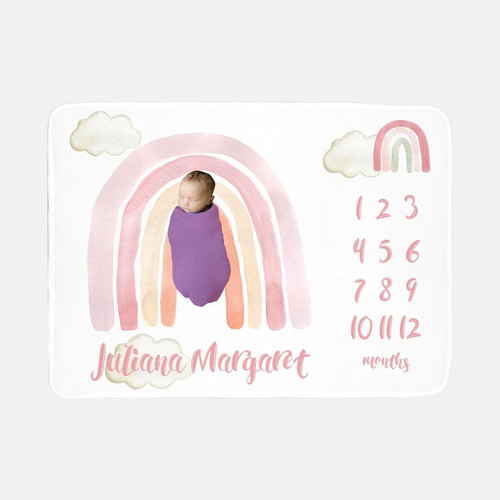 Personalized Pink Rainbow Monthly Milestone Blanket, Newborn Blanket, Baby Shower Gift Grow Chart Monthly
