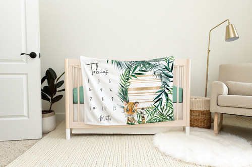 Personalized Jungle Tiger With Green Leaves Monthly Milestone Blanket, Newborn Blanket, Baby Shower Gift Monthly Growth Tracker