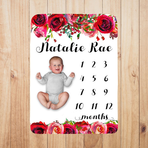 Personalized Red Floral Monthly Milestone Blanket, Newborn Blanket, Baby Shower Gift Watch Me Grow Monthly