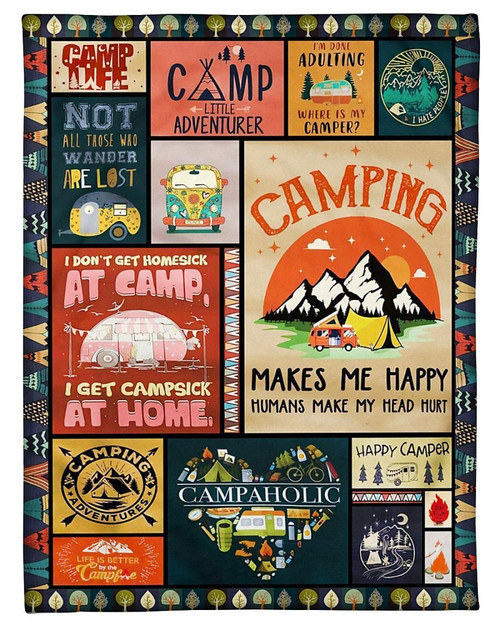 Campaholic Camping Makes Me Happy, Humans Make Me Head Hurt Quilt Blanket