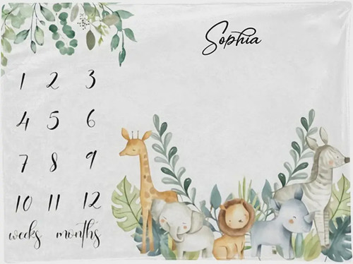 Personalized Zebra, Lion, Giraffe, Elephant & Hippo Monthly Milestone Blanket, Newborn Blanket, Baby Shower Gift Never Stop Exploring