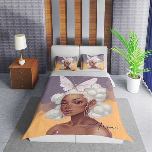 Personalized Black Girl White Hair Butterfly Duvet Cover Bedding Set