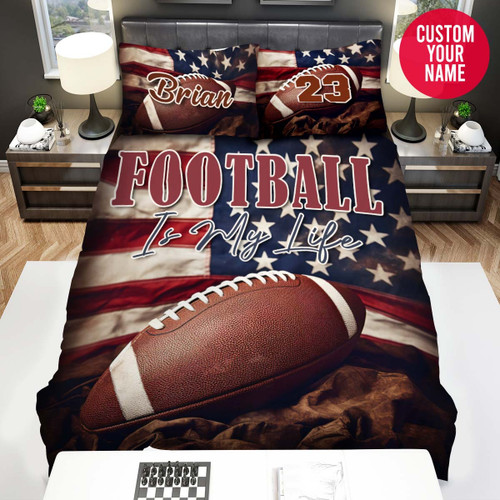 Personalized Football Is My Life American Flag Vintage Custom Name Duvet Cover Bedding Set