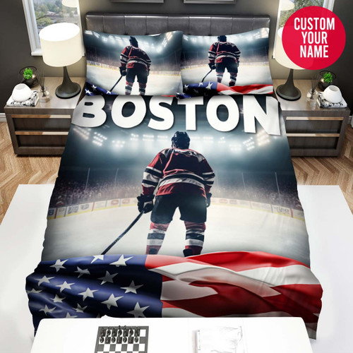 Personalized American Flag Ice Hockey Custom Name Duvet Cover Bedding Set