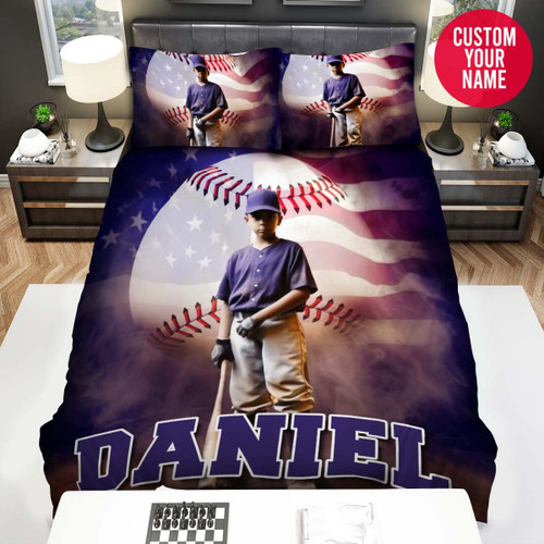 Personalized American Flag Teen Baseball Player Custom Name Duvet Cover Bedding Set