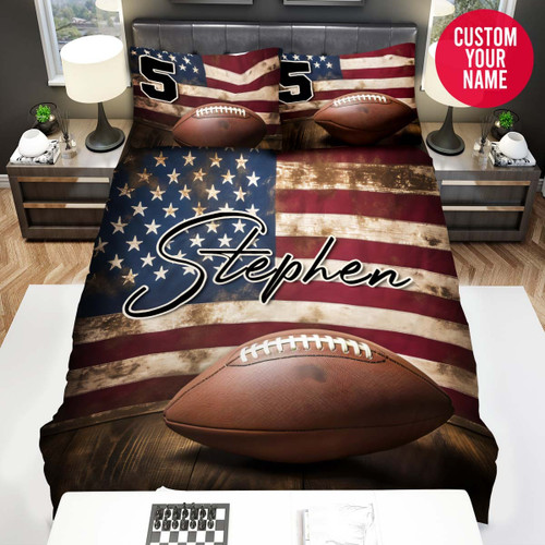 Personalized American Flag And Football Ball Custom Name Duvet Cover Bedding Set