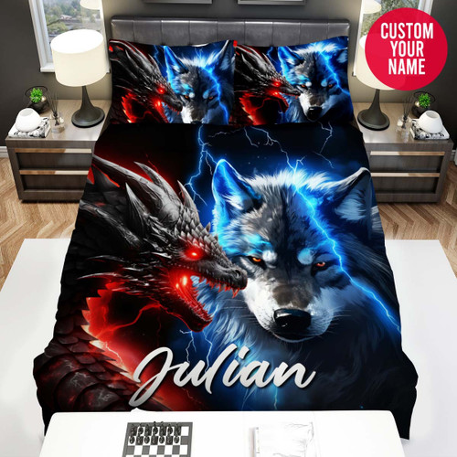 Personalized Blue Wolf And Red Dragon Custom Name Duvet Cover Bedding Set