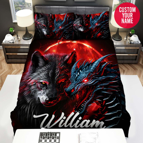 Personalized Red Wolf And Dragon Custom Name Duvet Cover Bedding Set