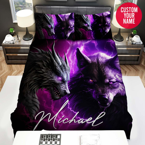 Personalized Purple Wolf And Dragon Light Custom Name Duvet Cover Bedding Set