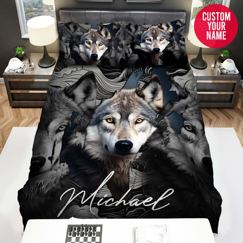 Personalized Wolf With Waves Pattern Custom Name Duvet Cover Bedding Set