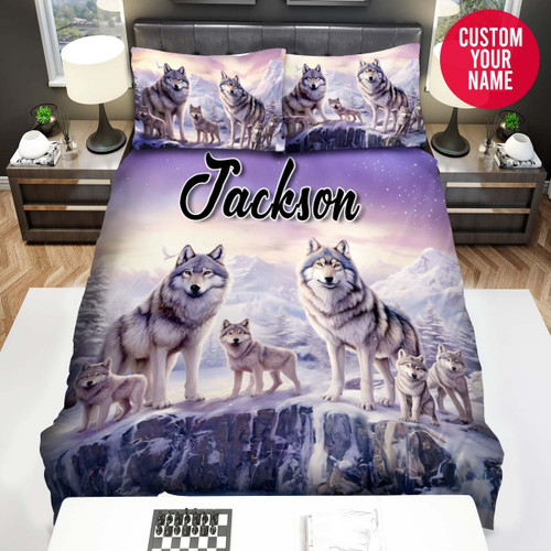 Personalized Wolves With Cubs Custom Name Duvet Cover Bedding Set
