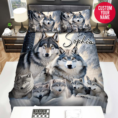 Personalized Wolf Family Together In Winter Custom Name Duvet Cover Bedding Set