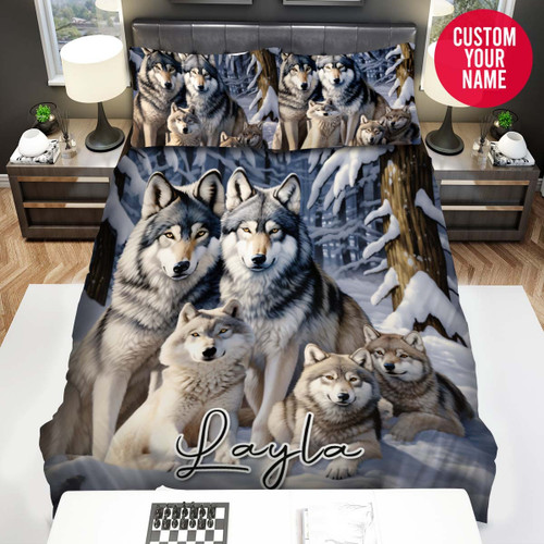 Personalized Wolf Family Lying Together Custom Name Duvet Cover Bedding Set