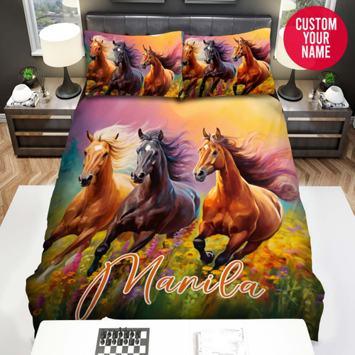 Personalized Horses Running Art Custom Name Duvet Cover Bedding Set
