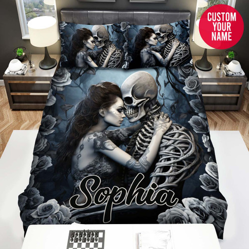 Personalized Black Skull And Girl With Rose Custom Name Duvet Cover Bedding Set