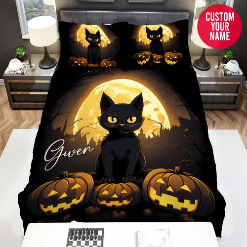 Personalized Halloween Black Cat Custom Name Duvet Cover Bedding Set