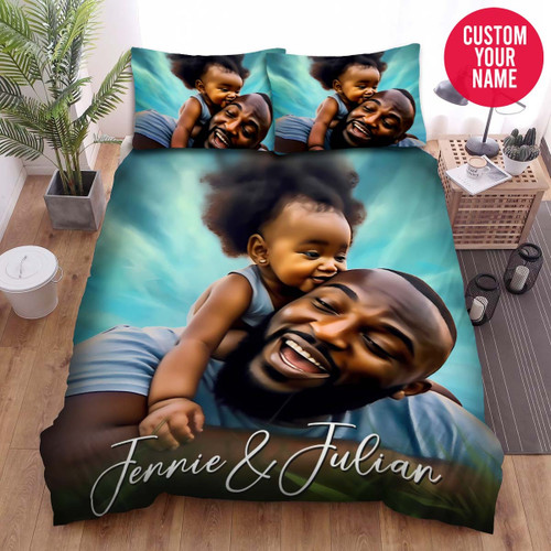 Personalized Cute Black Dad And Daughter Custom Name Duvet Cover Bedding Set