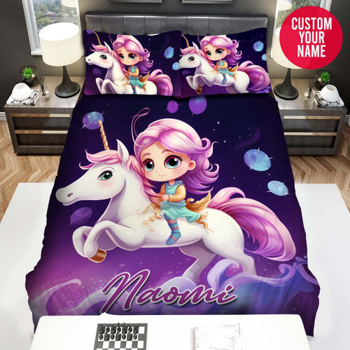 Personalized Unicorn Carrying A Little Girl Custom Name Duvet Cover Bedding Set