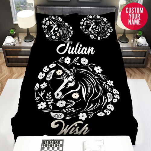 Personalized Unicorn Doodle Flower And Leave Custom Name Duvet Cover Bedding Set