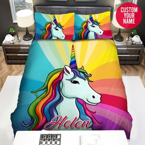 Personalized Unicorn Rainbow Horn Custom Name Duvet Cover Bedding Set