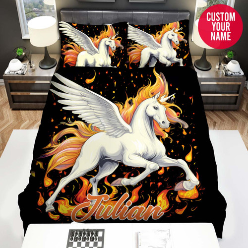 Personalized Unicorn Flying In Flame Art Custom Name Duvet Cover Bedding Set