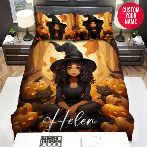 Personalized Halloween Little Black Witch Custom Name Duvet Cover Bedding Set