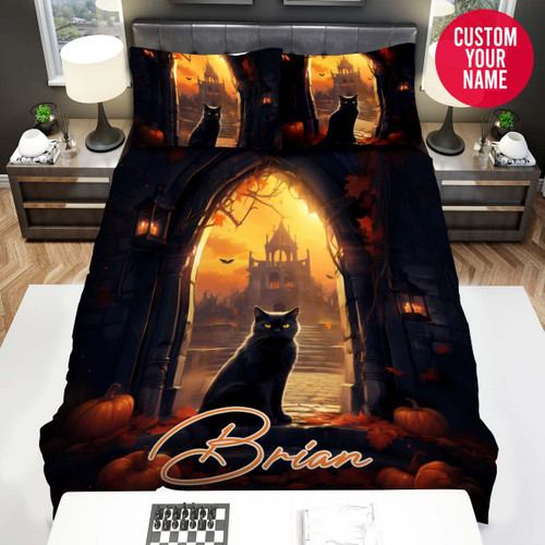 Personalized Halloween Black Cat In Haunted House Custom Name Duvet Cover Bedding Set