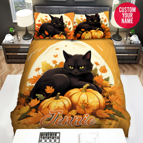 Personalized Halloween Black Cat With Pumpkin Custom Name Duvet Cover Bedding Set