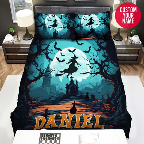 Personalized Halloween Black Witch Flying Through Cemetery Duvet Cover Bedding Set