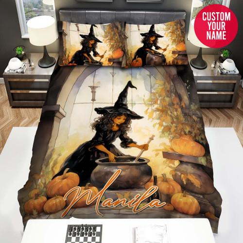 Personalized Halloween Black Witch Cooking Custom Name Duvet Cover Bedding Set