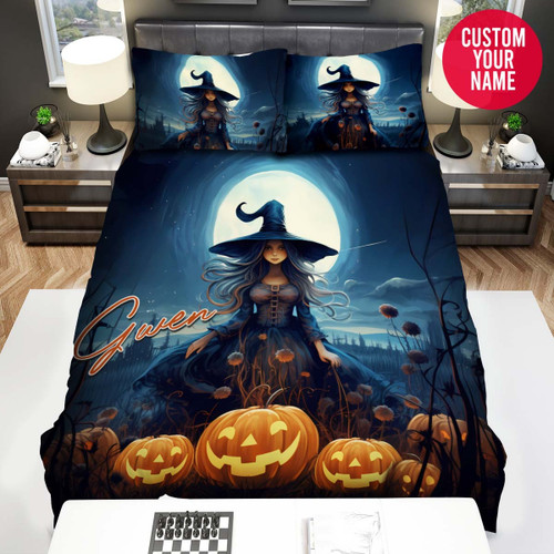 Personalized Halloween Black Witch On Pumpkin Field Custom Name Duvet Cover Bedding Set