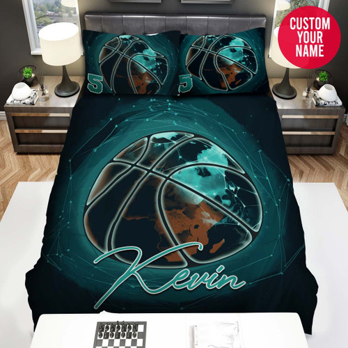 Personalized Basketball Green Earth Galaxy Custom Name Duvet Cover Bedding Set