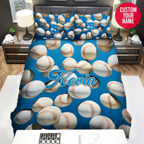 Personalized Baseball Balls On Blue Background Custom Name Duvet Cover Bedding Set