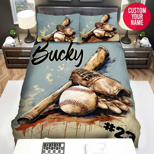 Personalized Baseball Stuff Drawing Custom Name Duvet Cover Bedding Set