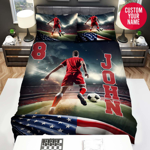 Personalized Soccer Player Kick The Ball Custom Name Duvet Cover Bedding Set