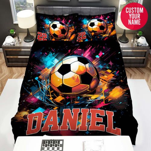 Personalized Soccer Ball Colourful Abstract Custom Name Duvet Cover Bedding Set