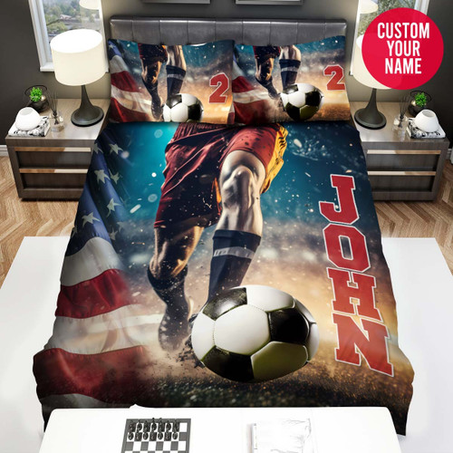 Personalized Soccer Player Kick The Ball Custom Name Duvet Cover Bedding Set