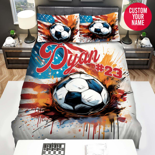 Personalized Soccer Ball And American Flag Artwork Duvet Cover Bedding Set