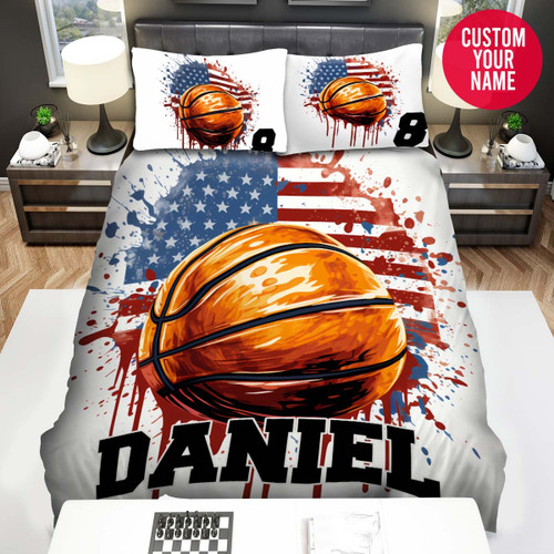 Personalized Basketball Ball Drawing With American Flag Custom Name Duvet Cover Bedding Set