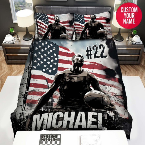 Personalized Basketball Player And American Flag Abstract Custom Name Duvet Cover Bedding Set